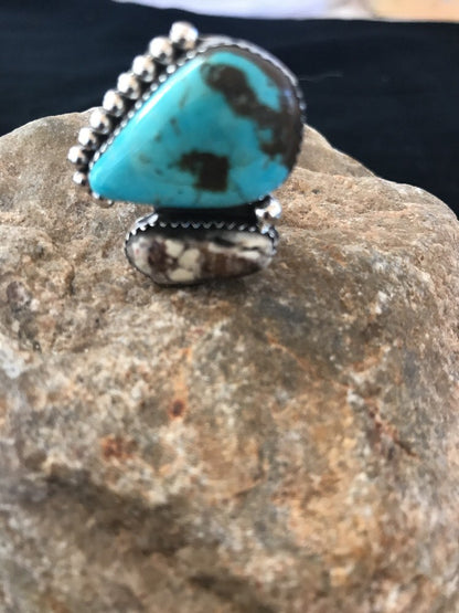 Crazy Horse & Blue Turquoise Navajo Indian Sterling Silver Ring Size 8 14698
