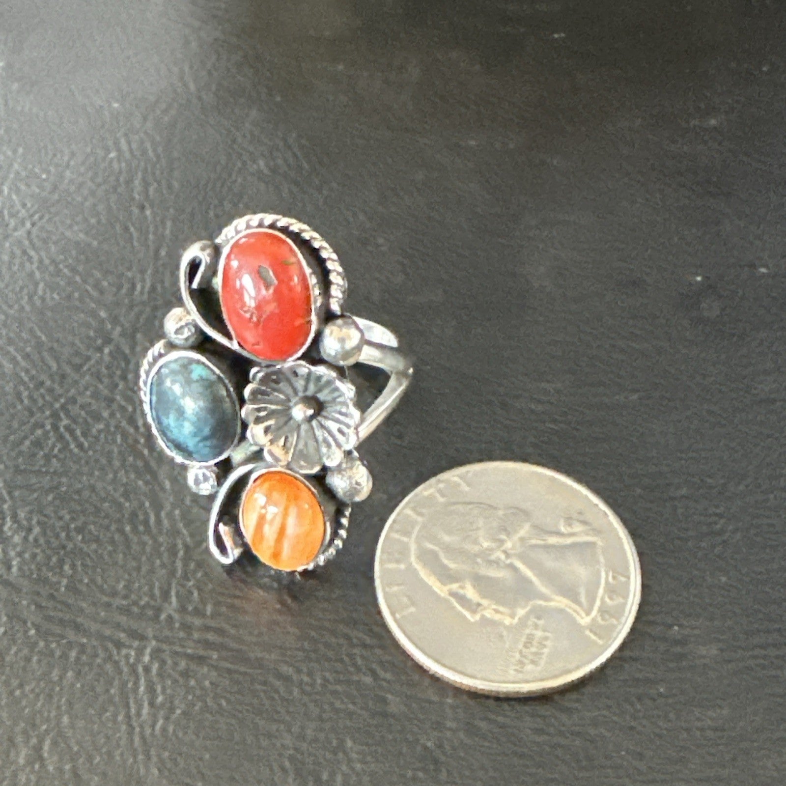 Multicolor Ring Turquoise Coral Spiny Navajo Sterling Silver Cluster Sz 10 19193