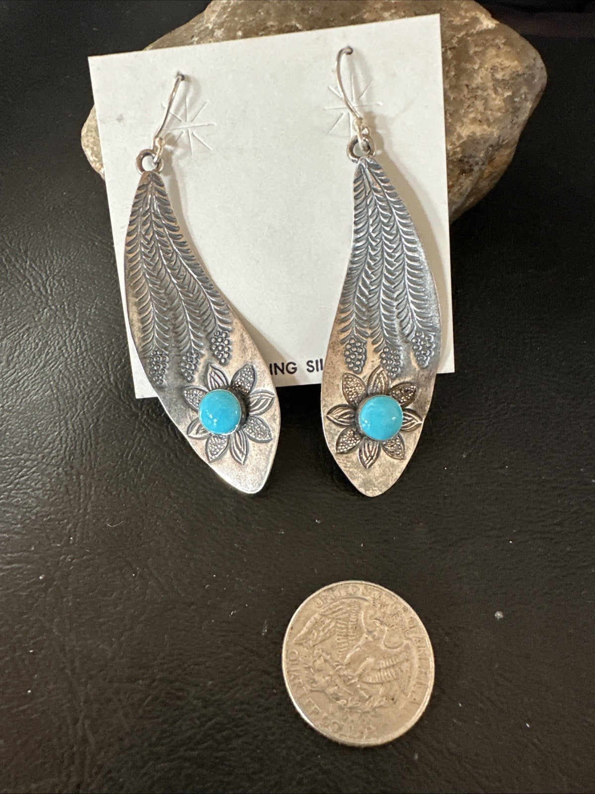 Womens Stamped Blue Turquoise Dangle Earrings Feather Sterling Silver 19785