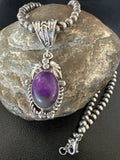 Purple Stone Pendant Beads Necklace 20" | Sterling Silver | Authentic Native American Handmade | 18048