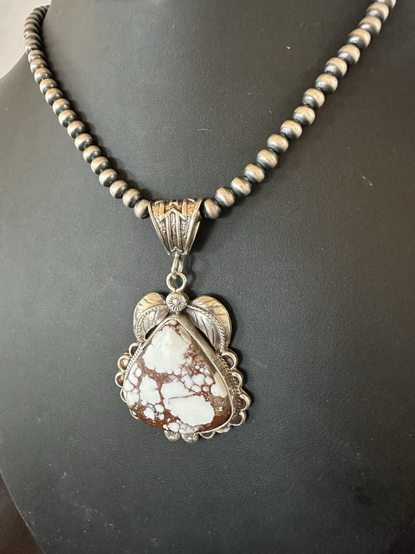 Navajo Pearls Wild Crazy Horse Turquoise Necklace Pendant | Sterling Silver | Authentic Native American Handmade | 19391