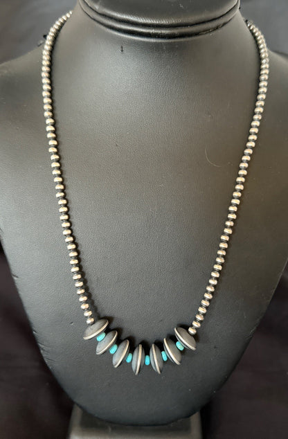 Blue Turquoise Round Flat Sterling Silver Beads Necklace 20” 19026