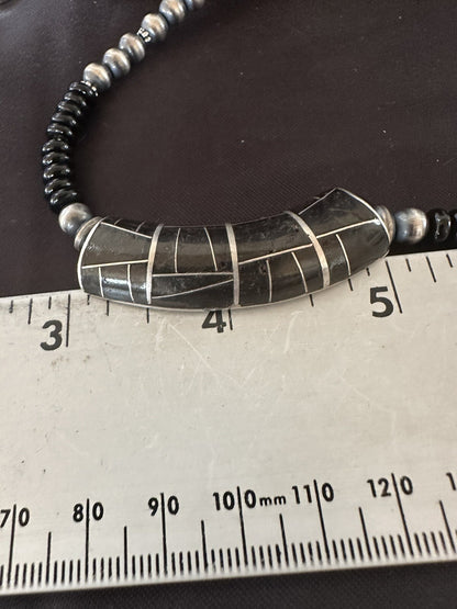 Mens Womens Black Onyx Pendant Navajo Sterling Silver Beads Necklace 18330