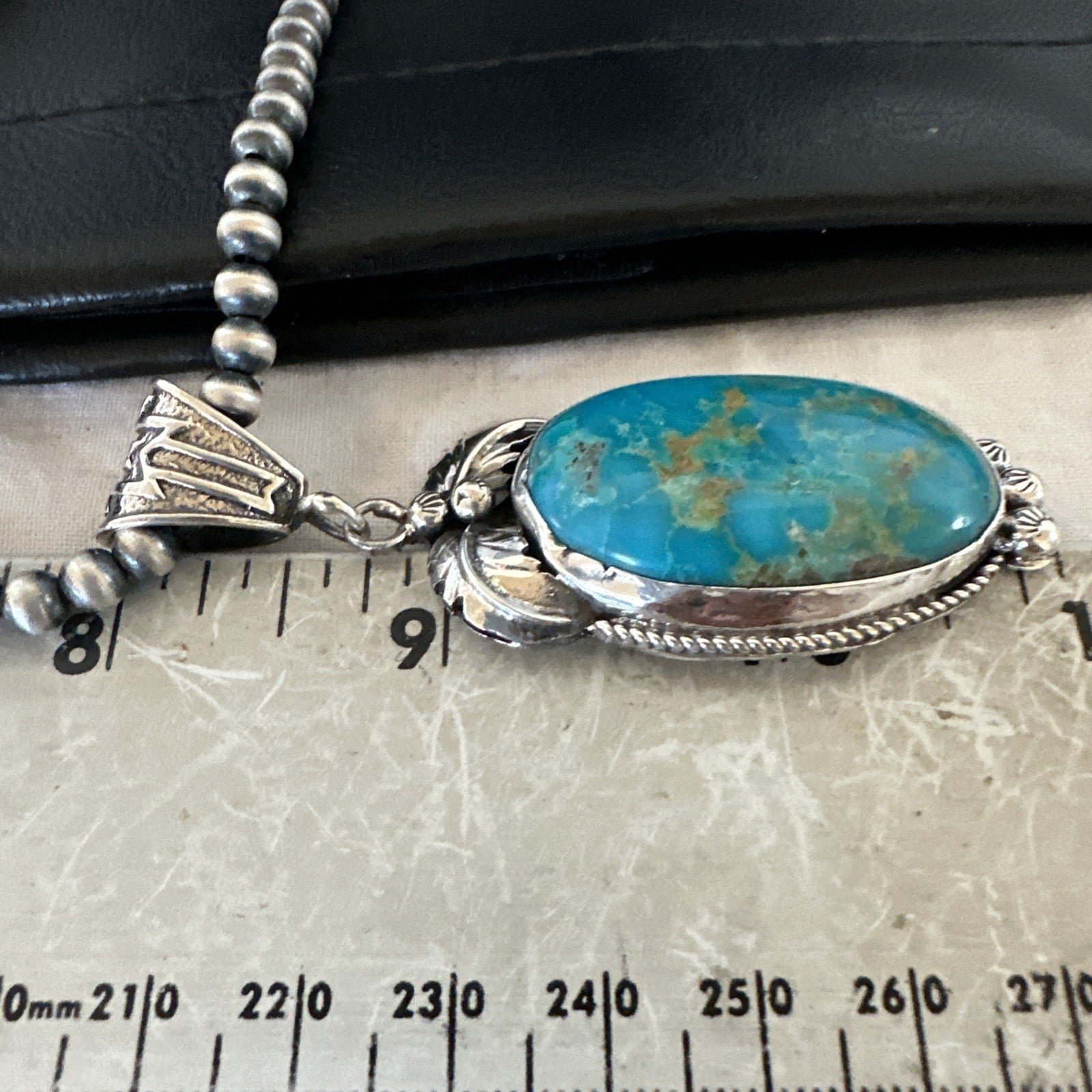 Mens Blue Kingman Turquoise Pendant Navajo Pearls Sterling Silver Necklace 19344