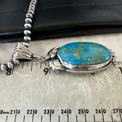 Mens Blue Kingman Turquoise Pendant Navajo Pearls Sterling Silver Necklace 19344