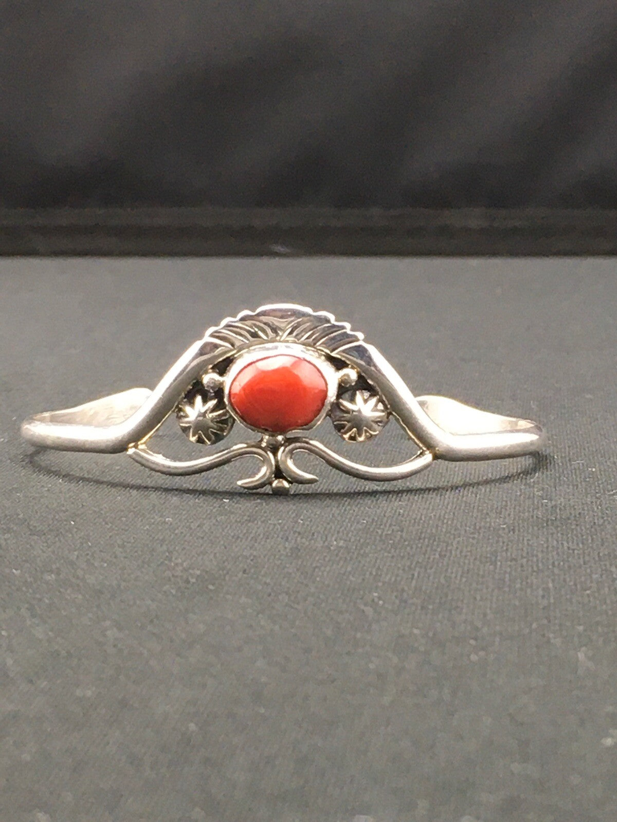 Native American Indian Coral Navajo Sterling Silver Cuff Bracelet 04747