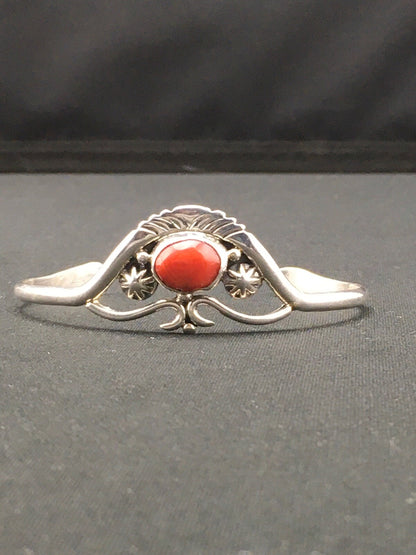 Native American Indian Coral Navajo Sterling Silver Cuff Bracelet 04747