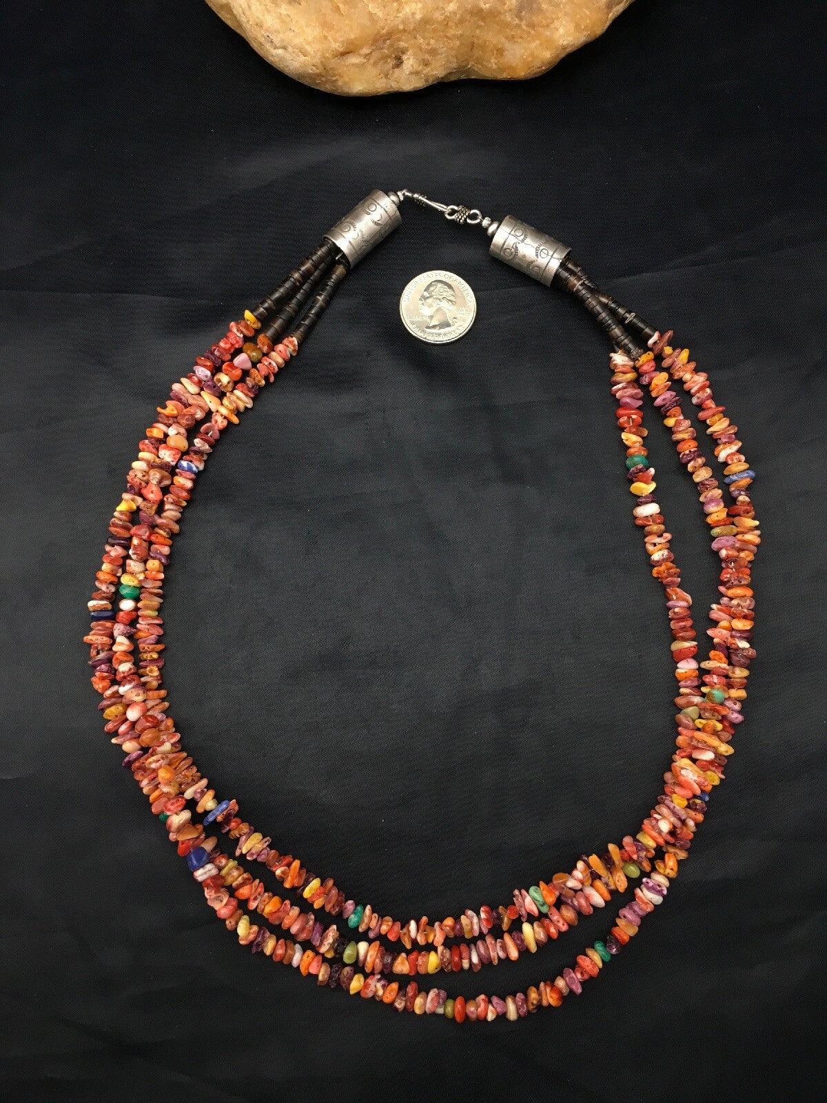 Spiny Oyster & Turquoise 3 Strand Navajo Indian Sterling Silver Necklace 4333