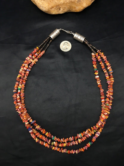 Spiny Oyster & Turquoise 3 Strand Navajo Indian Sterling Silver Necklace 4333