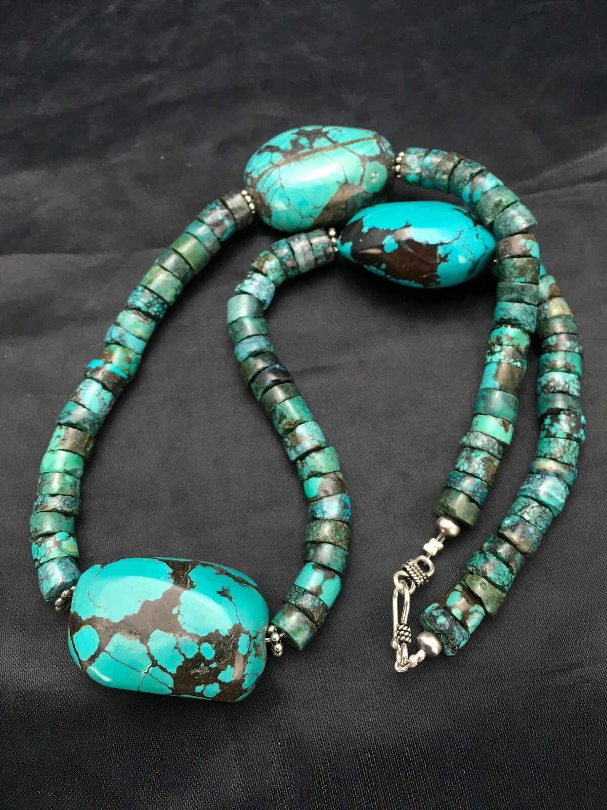 Spider Web Turquoise Heishi Navajo Sterling Silver Beads Necklace 21" 02960