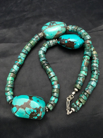 Spider Web Turquoise Heishi Navajo Sterling Silver Beads Necklace 21" 02960