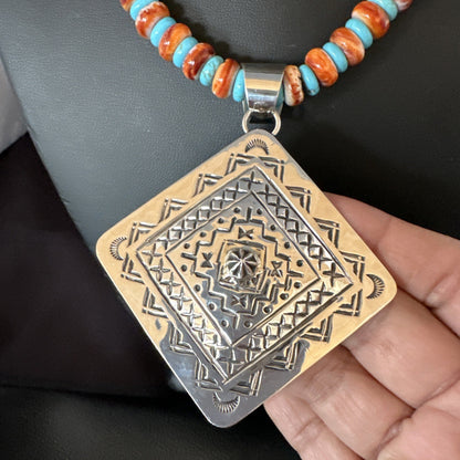 Orange Spiny Oyster Turquoise Navajo  Pendant Sterling Silver Necklace 21” 19043