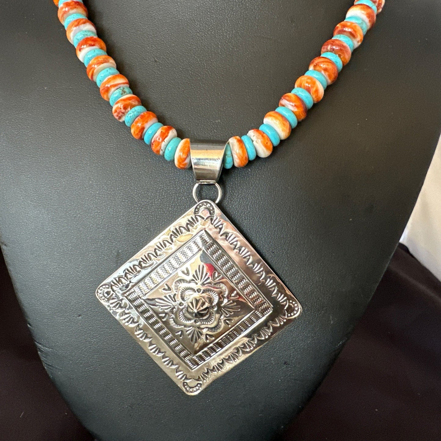 Orange Spiny Oyster Turquoise Navajo  Pendant Sterling Silver Necklace 21” 19044