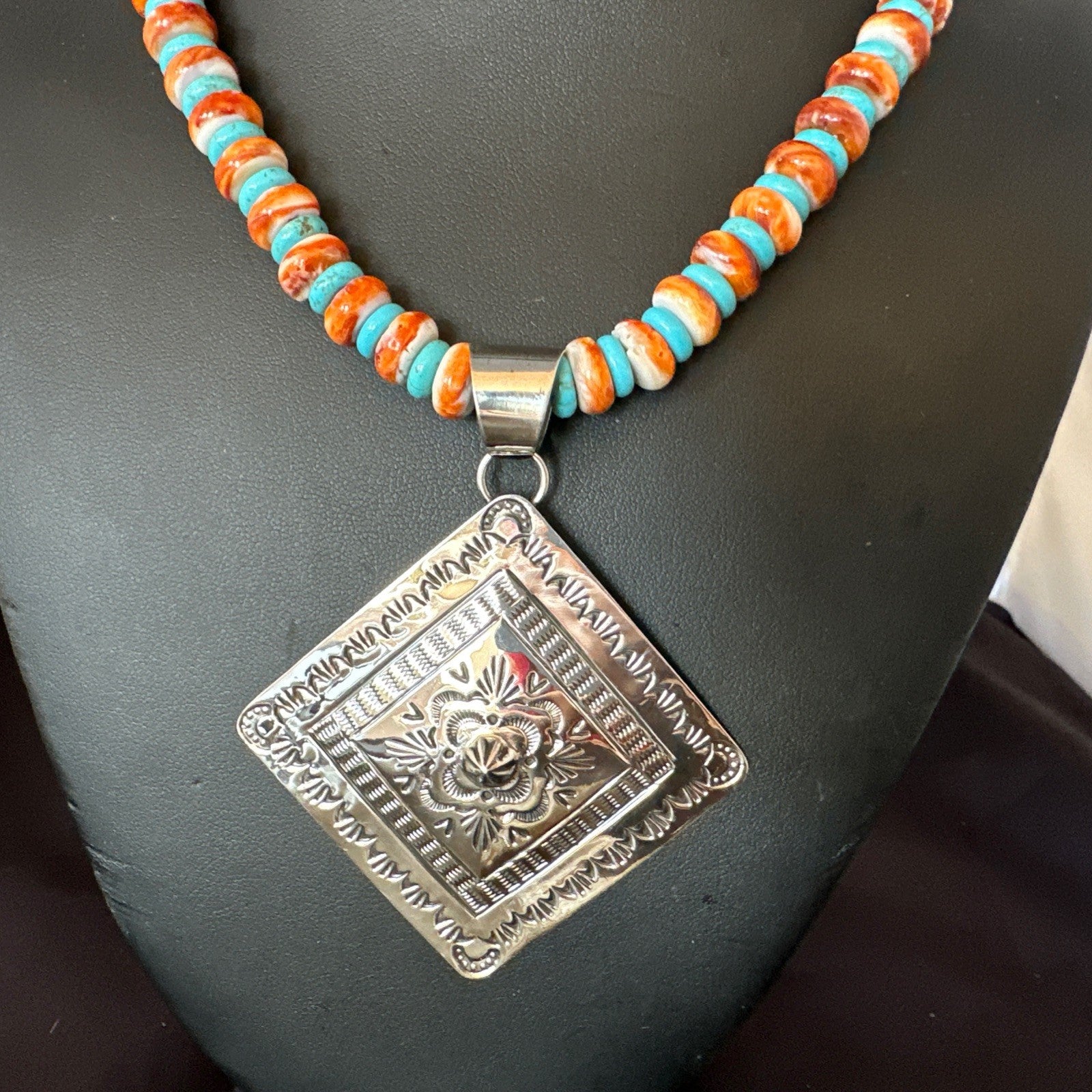 Orange Spiny Oyster Turquoise Navajo  Pendant Sterling Silver Necklace 21” 19044