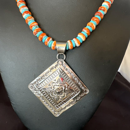 Orange Spiny Oyster Turquoise Navajo  Pendant Sterling Silver Necklace 21” 19044