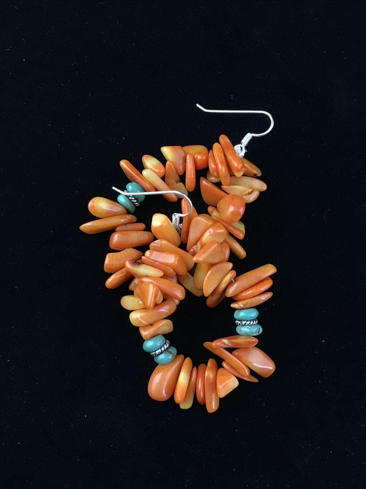 Orange Coral & Turquoise Navajo Sterling Silver Earrings 01776
