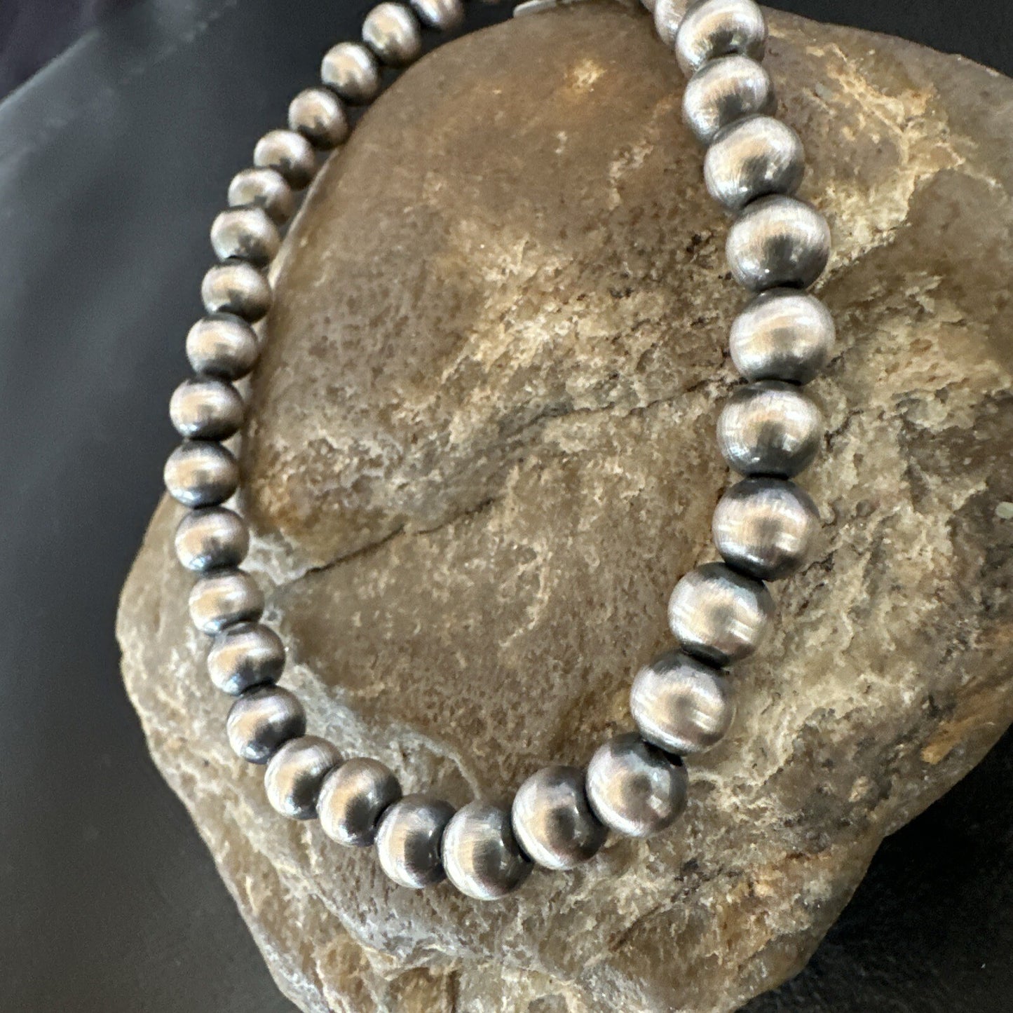 Native American 6mm Beads 8” Sterling Silver Stretch Beads Bracelet 99068