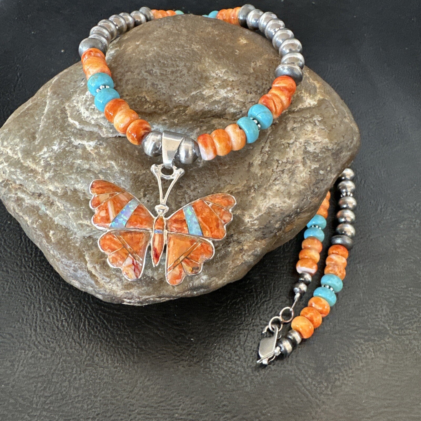 Butterfly Orange Spiny Turquoise Opal Sterling Silver  Necklace Pendant 18677