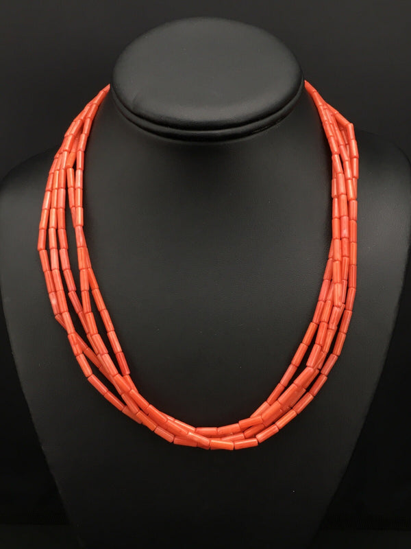 Orange Coral Tube Heishi Bead 5 Strand Navajo Necklace 19" | Sterling Silver | Authentic Native American Handmade | 1108
