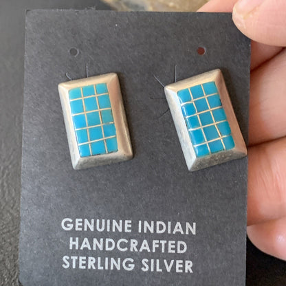 Blue Turquoise Inlay Navajo Sterling Silver Dangle Post Earrings 0.5" 12749