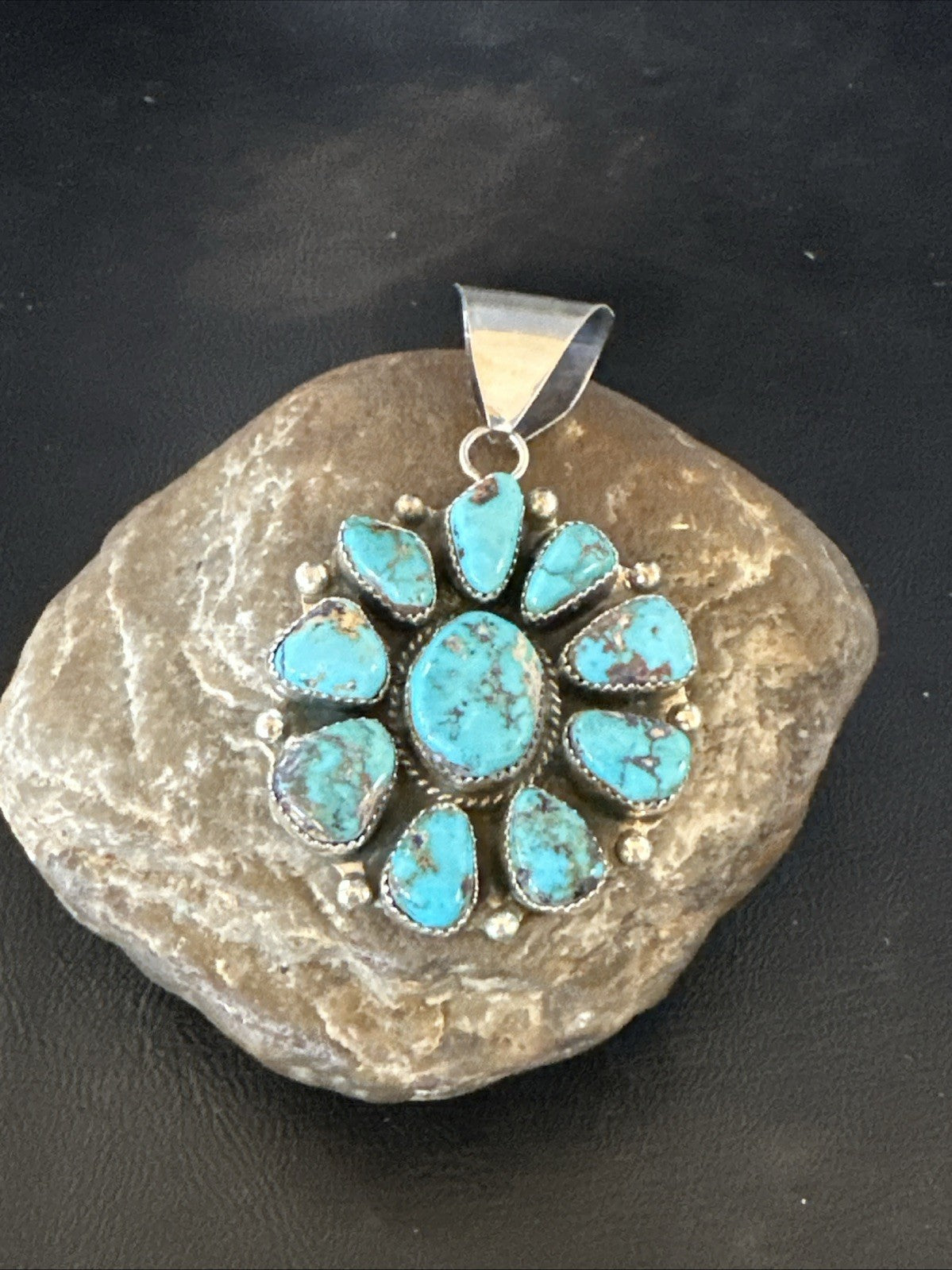 New Cluster  Blue Turquoise Navajo Sterling Silver Pendant 2.75” 19118