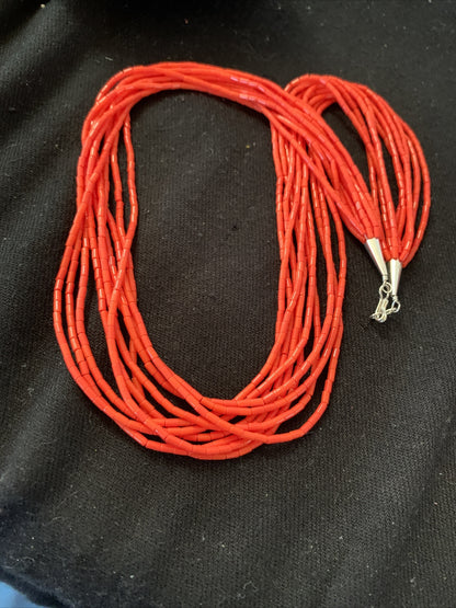 Red Coral Stabilized Heishi 10 Strands Sterling Silver Necklace 20” 14817