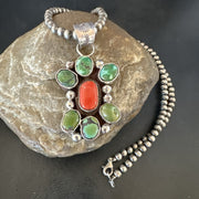 Navajo Cluster Red Turquoise Pendant Necklace | Sterling Silver | Authentic Native American Handmade | 17714