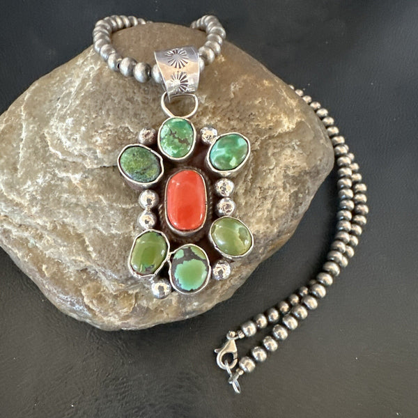 Navajo Cluster Red Turquoise Pendant Necklace | Sterling Silver | Authentic Native American Handmade | 17714