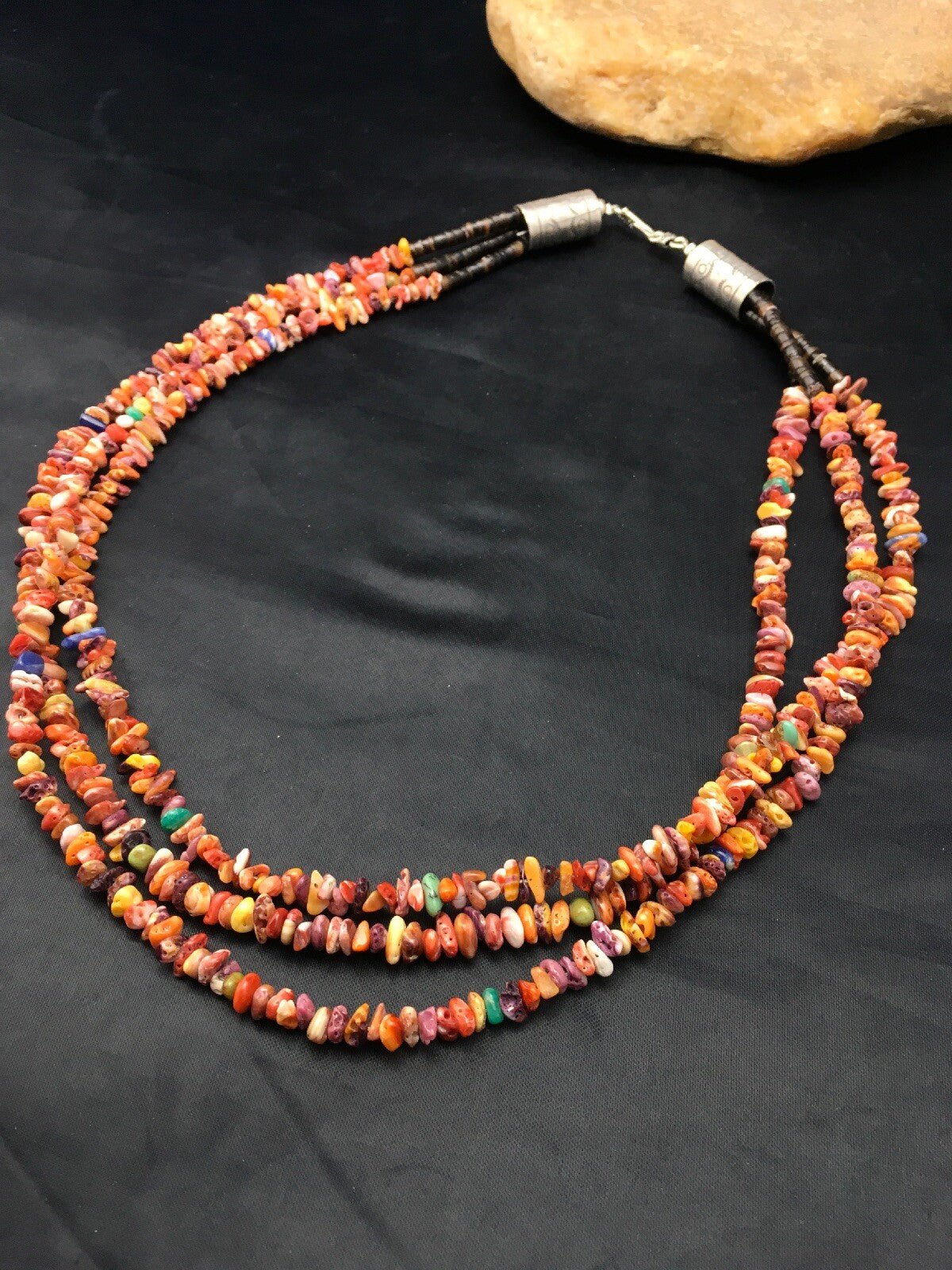 Spiny Oyster & Turquoise 3 Strand Navajo Indian Sterling Silver Necklace 4333