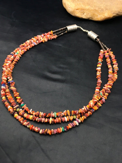 Spiny Oyster & Turquoise 3 Strand Navajo Indian Sterling Silver Necklace 4333