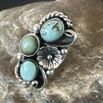 Blue Green Turquoise Navajo Sterling Silver Cluster Ring Size 8.5 19079
