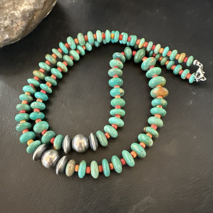 Green Turquoise Spiny Navajo Pearls Sterling Silver Necklace 26” 19682