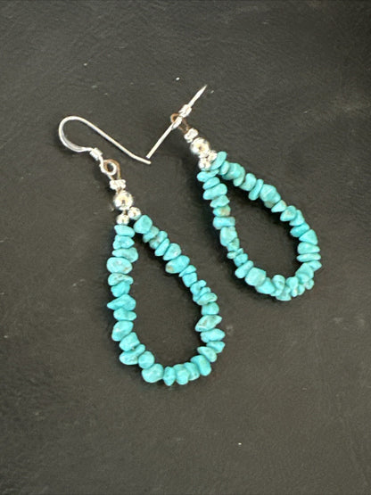 Blue Turquoise Nugget Sterling Silver Beads Navajo Earrings 1" 17900