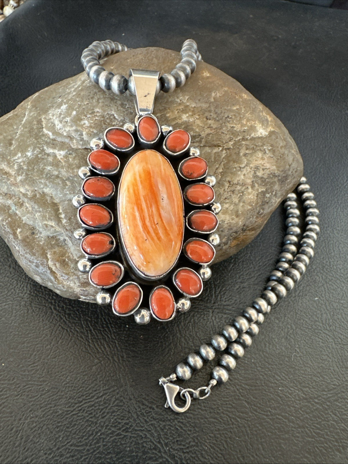 Red Coral Orange Spiny Navajo Sterling Silver Cluster Pendant Necklace 19565