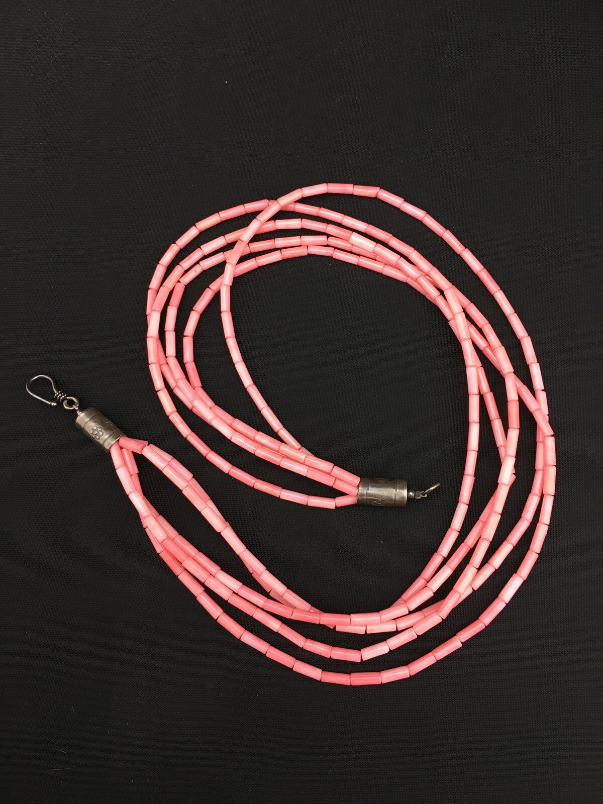 Pink Coral Tube Heishi Bead 5 Strand Navajo Sterling Silver Necklace 19" 1102