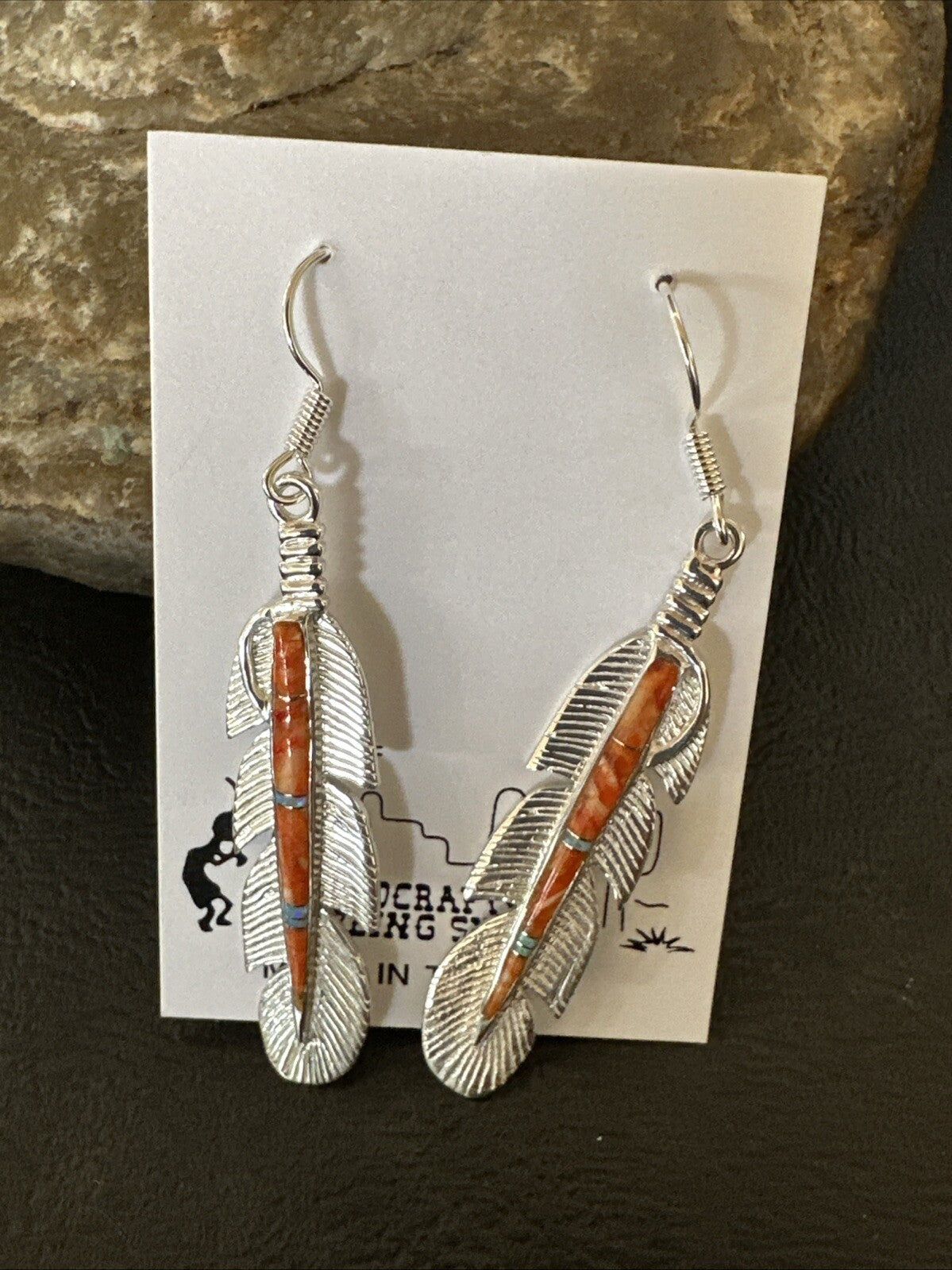 Orange Spiny Oyster Opal Sterling Silver Handmade Inlay Feather Earrings 18695