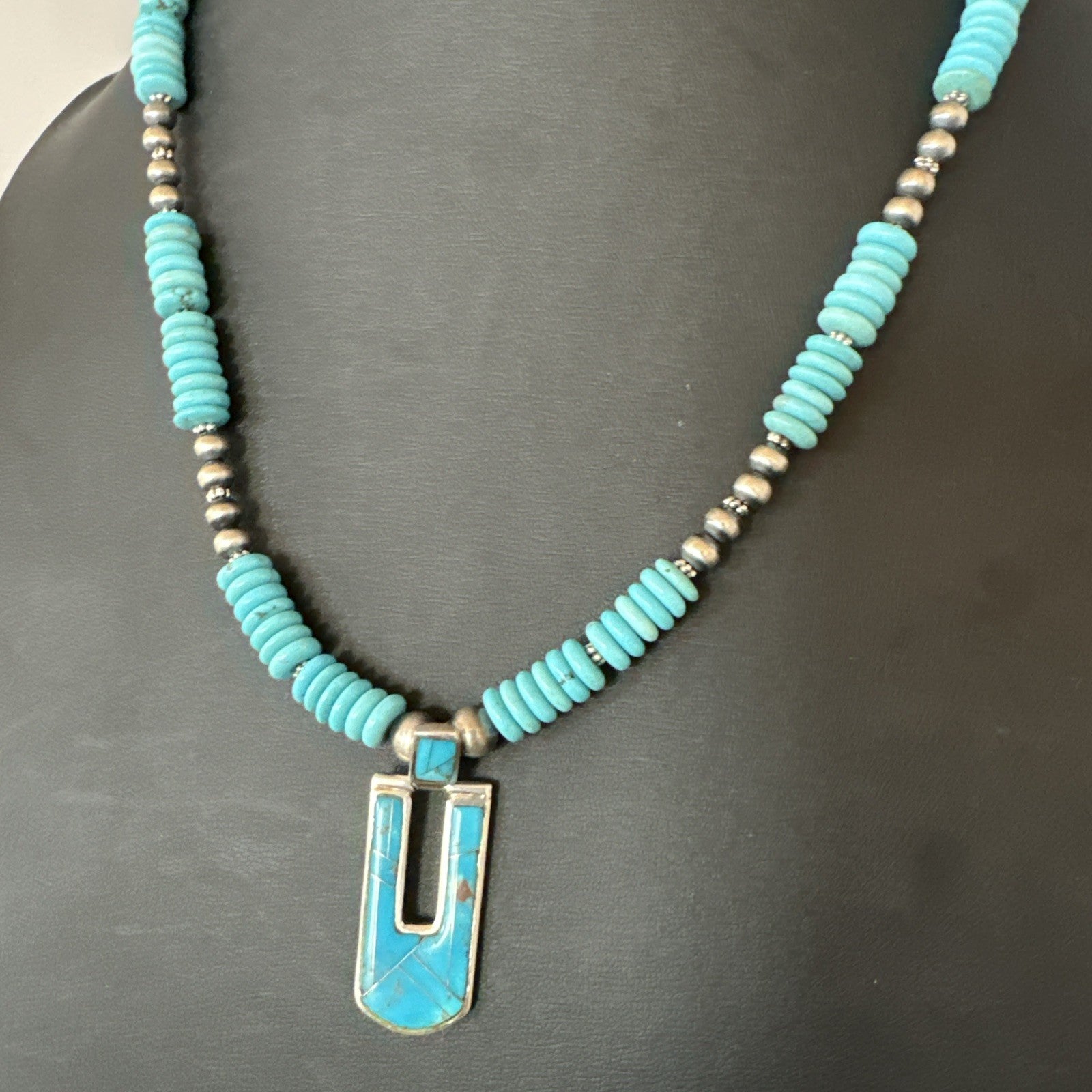 Blue Turquoise Inlay Pendant Navajo Sterling Silver Necklace 20" 19712