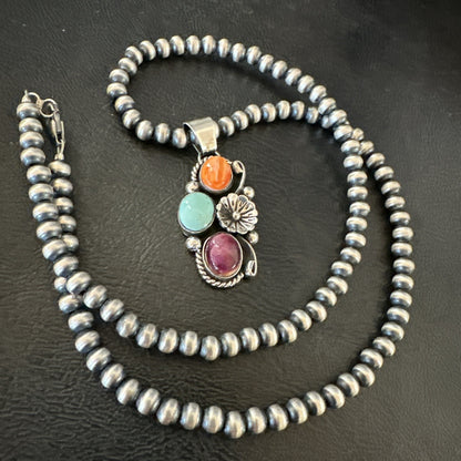 Multicolor Turquoise Spiny Navajo Sterling Silver Cluster Pendant Necklace 19311