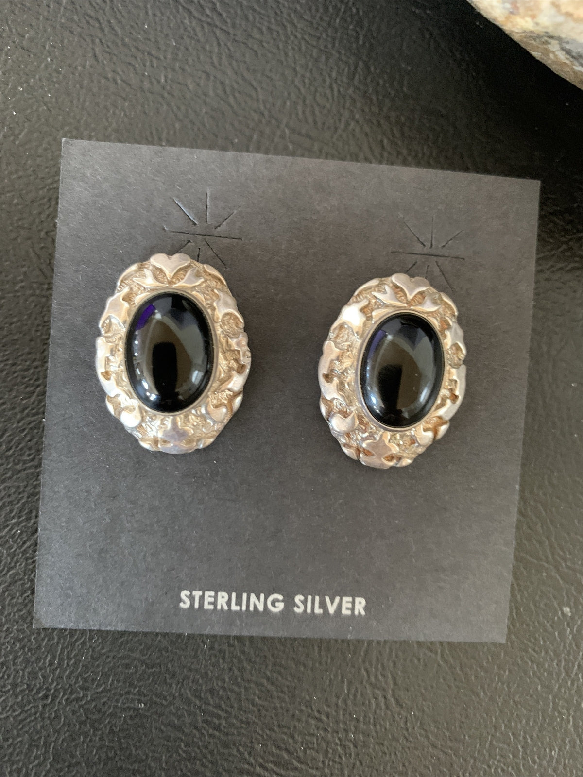 Native American Womens Nugget Sterling Silver Black Onyx Earrings 1" 13047