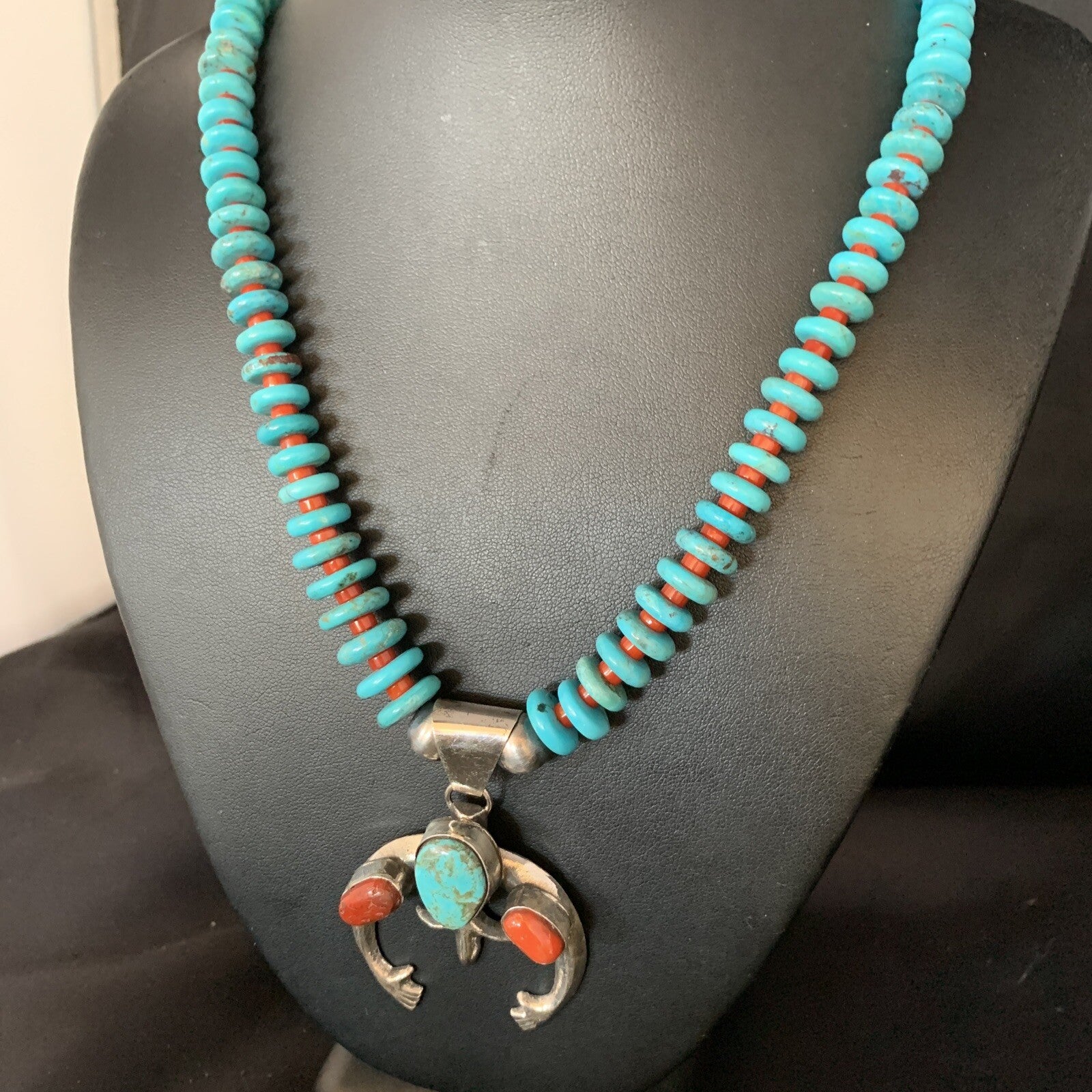 Royston Navajo Sterling Silver Blue Turquoise Coral Necklace Naja Pendant 13745