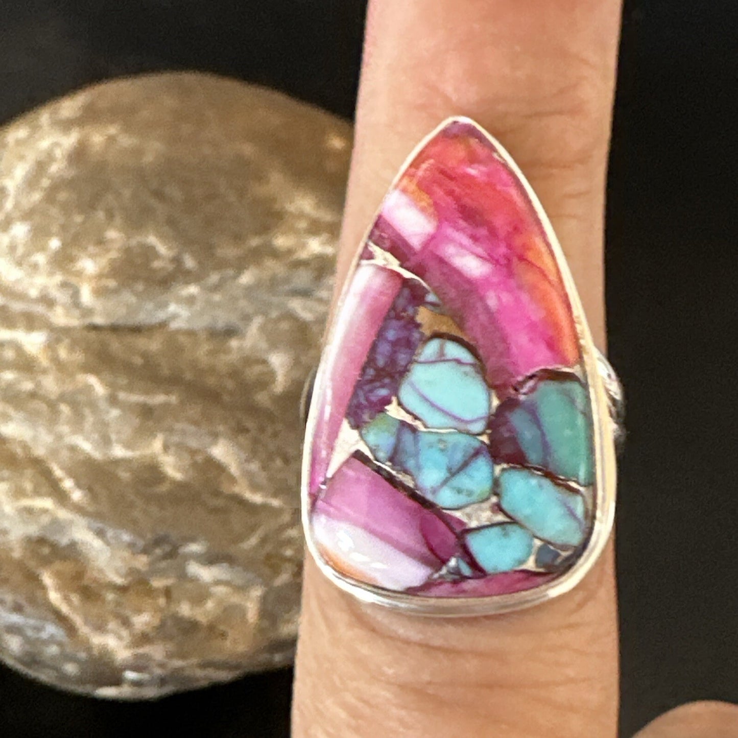 Blue Turquoise Spiny Oyster Navajo Sterling Silver Ring Size 7 18254