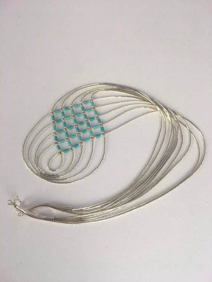 Turquoise Heishi Tubes Pendant 5 Strands Liquid Sterling Silver Necklace 0888