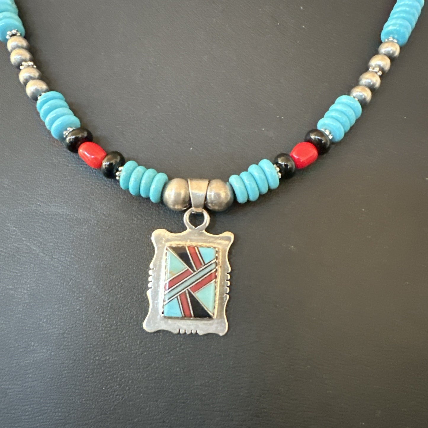 Multicolor Turquoise Coral Navajo Sterling Silver Inlay Pendant Necklace 19649