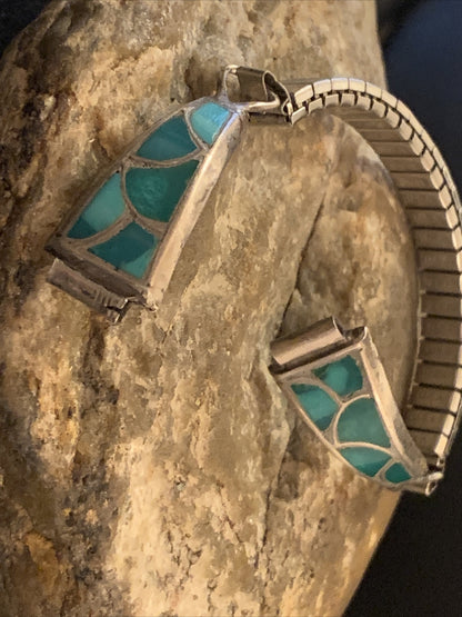 Blue Turquoise Inlay Navajo Sterling Silver Old Pawn Watch Tips 1443