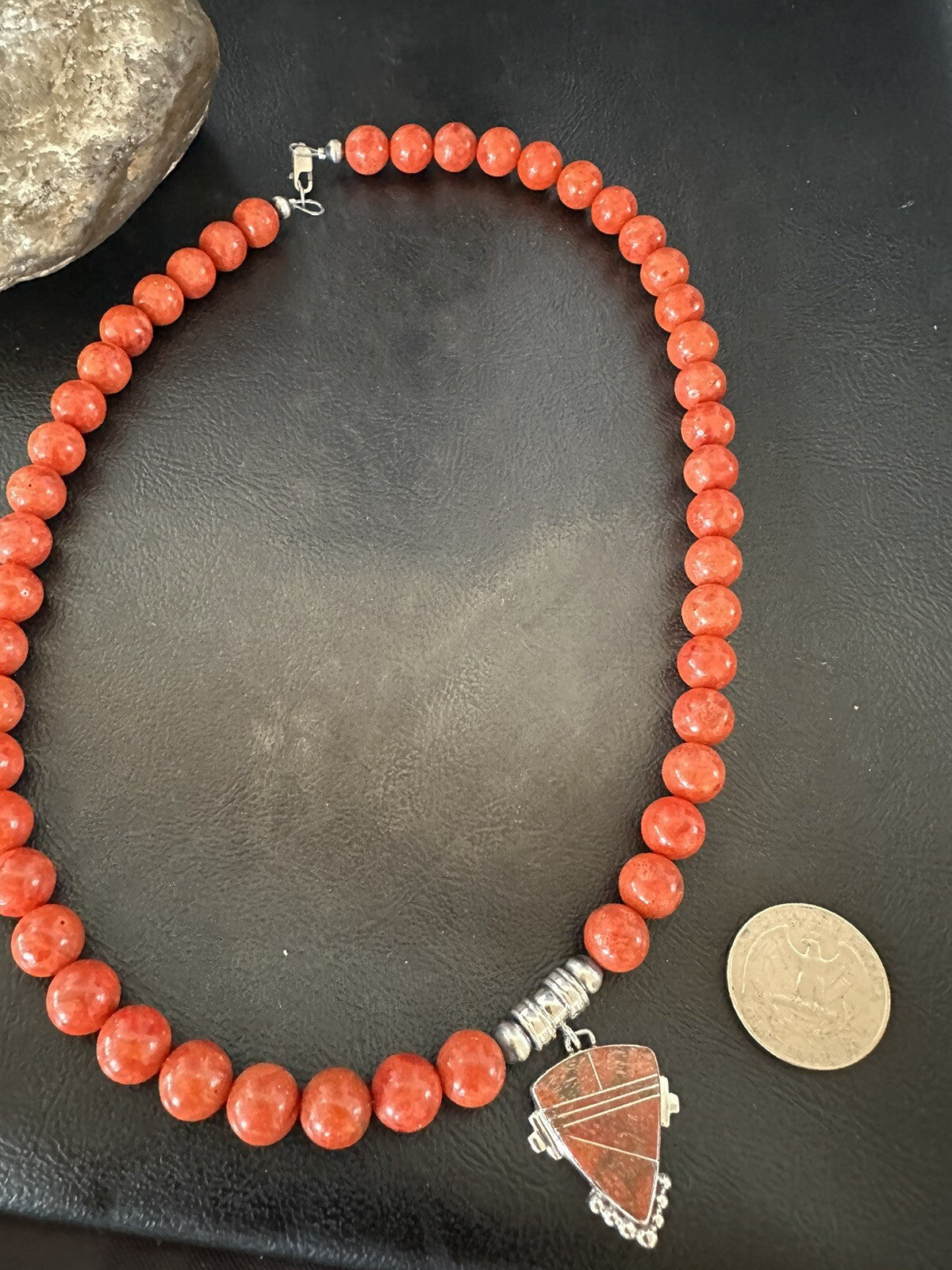 Navajo Apple Sponge Coral Sterling Silver Necklace Pendant 18328