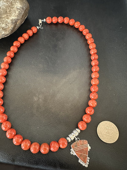 Navajo Apple Sponge Coral Sterling Silver Necklace Pendant 18328
