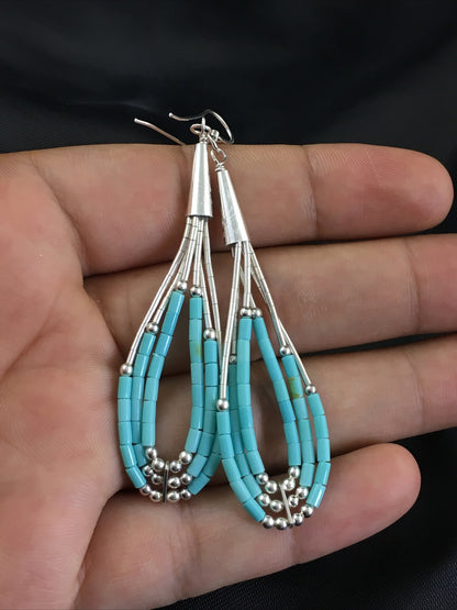 Blue Turquoise 3 Strands Heishi Liquid Sterling Silver Dangle Earrings 01969