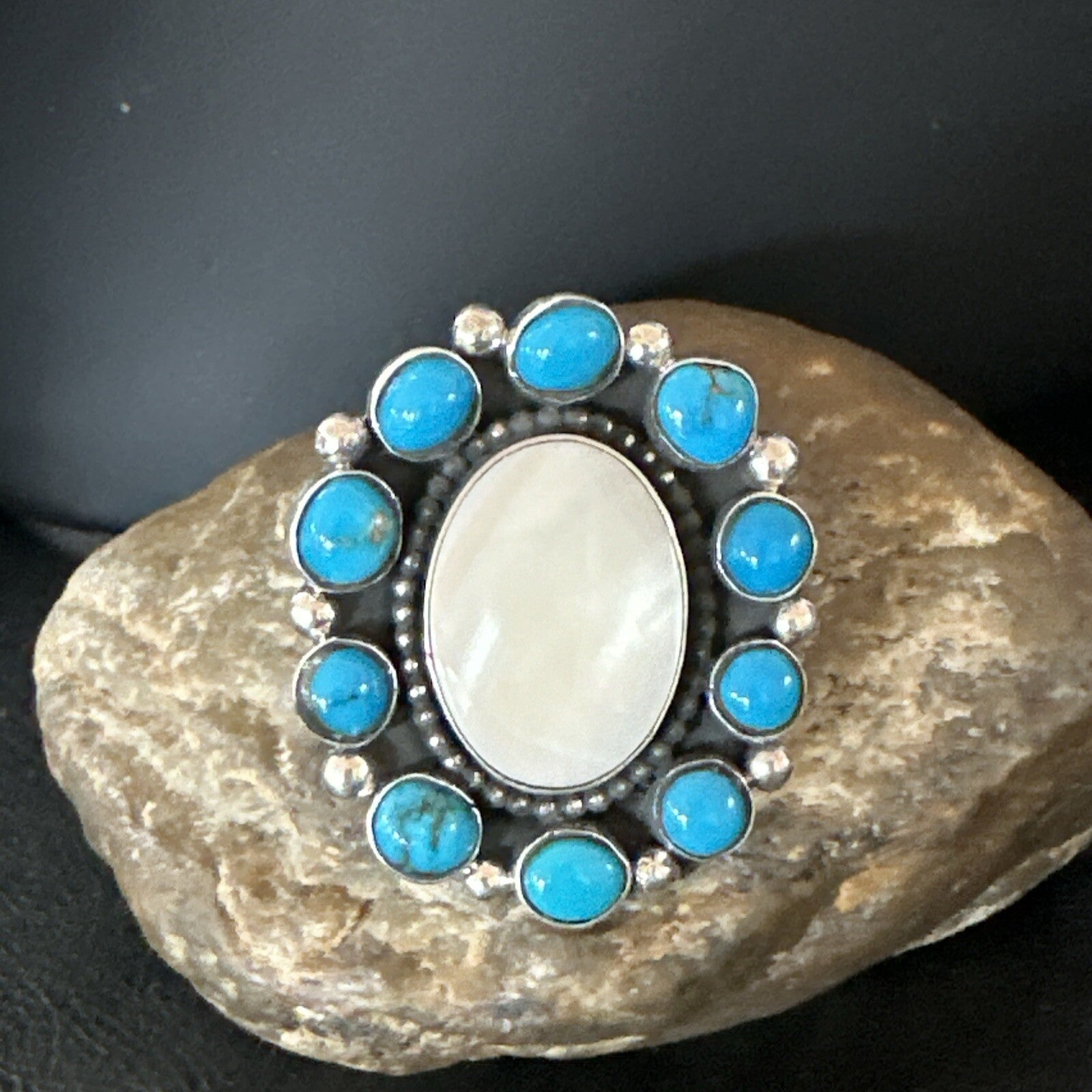 Blue Kingman Turquoise MOP Navajo Sterling Silver Cluster Ring Size 10 18395