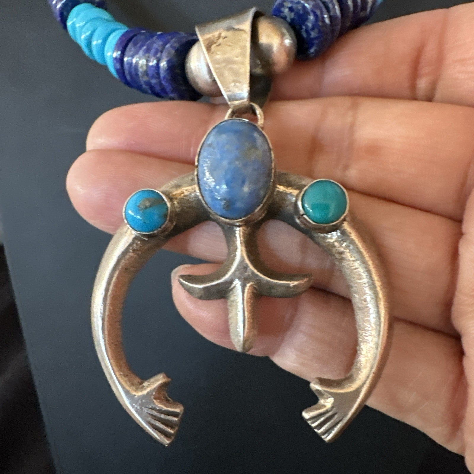 Blue Turquoise Lapis Naja Pendant Navajo 12mm Sterling Silver Necklace 19545