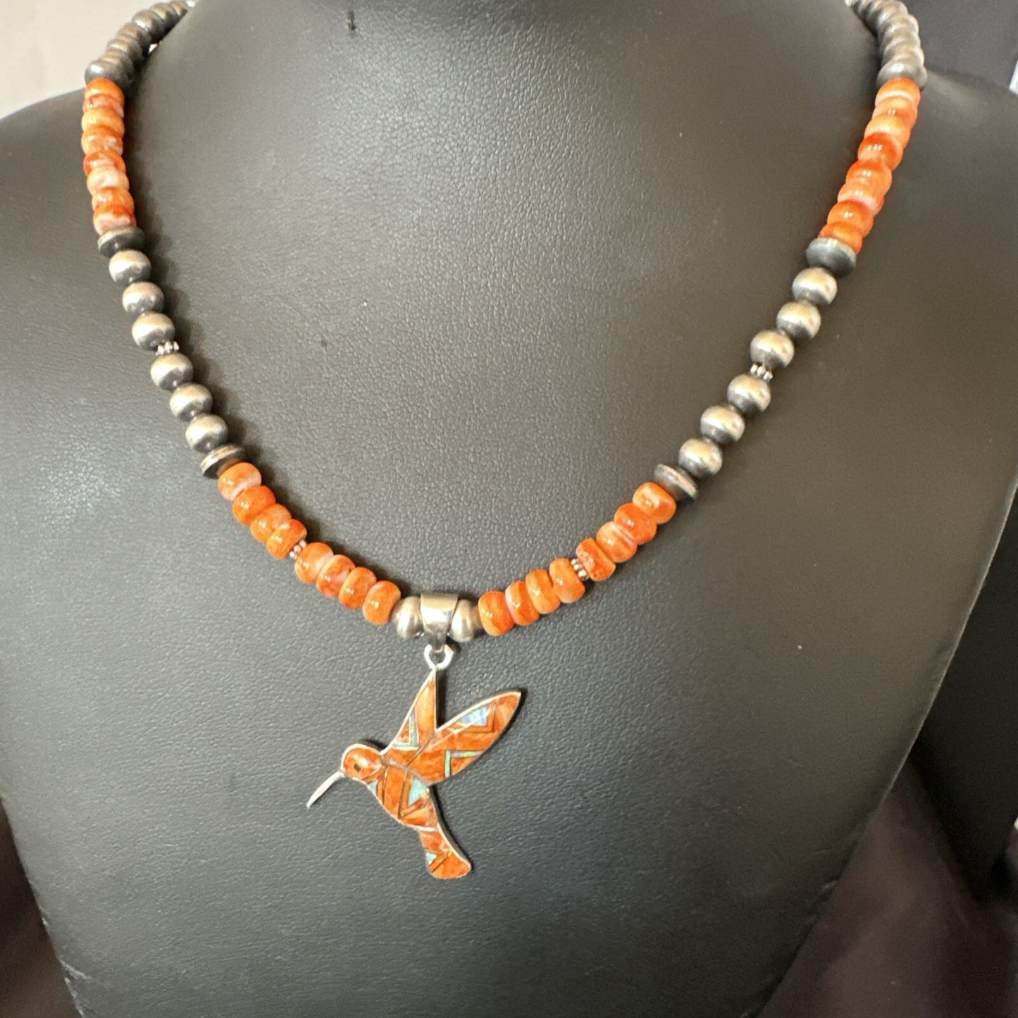 HummingBird Orange Spiny Oyster Opal Sterling Silver Necklace Pendant 18675